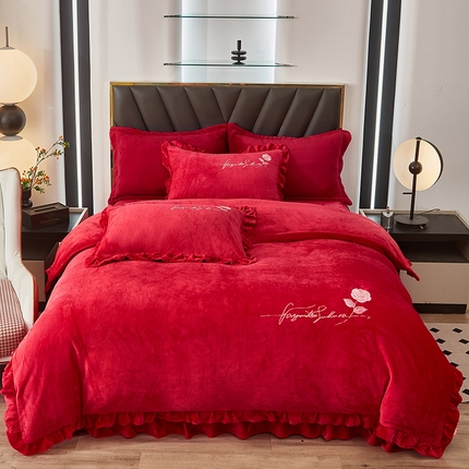 绣女坊 2024新款韩版花边绣花牛奶绒四件套 大红色