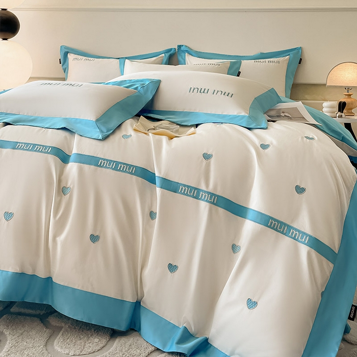 91家纺网 家纺一手货源 找家纺  2024新款A类母婴级100支长绒棉四件套全棉纯棉轻奢拼接刺绣床单床笠款高端床上用品 风铃蓝