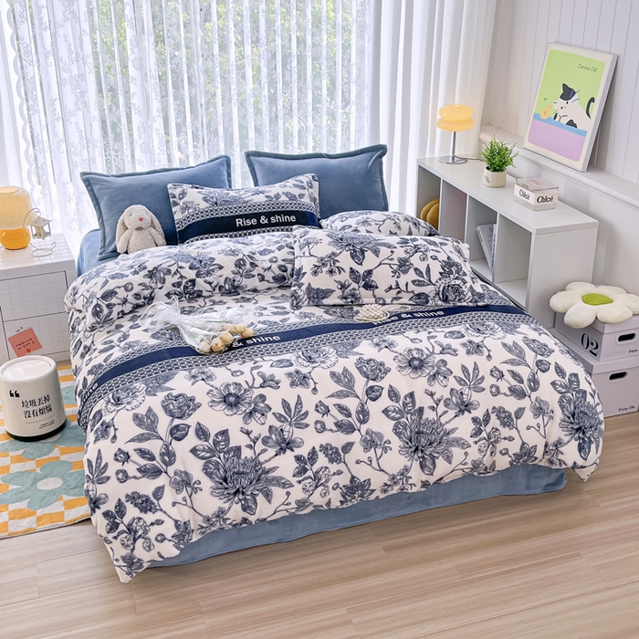 91家纺网 家纺一手货源 找家纺 青螺家纺 2024加厚高克重保暖爆款小清新牛奶绒印花双面绒单被套 青花瓷