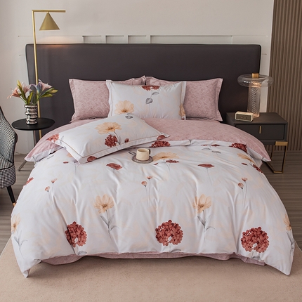 2024新款全棉加厚长绒棉数码印花四件套 丁香玉兰-米