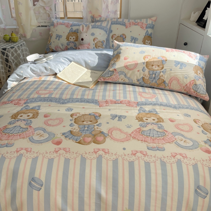 91家纺网 家纺一手货源 找家纺 六巷胡同 2024新款40支全棉纯棉INS洛丽塔卡通甜美少女心系列四件套 甜心公主熊