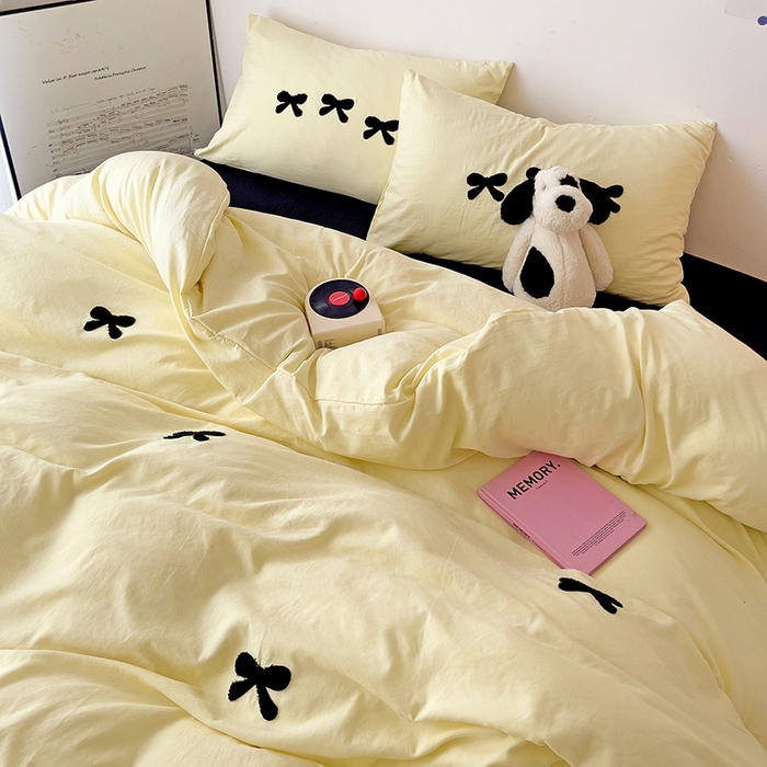 91家纺网 家纺一手货源 找家纺 森璐家纺 2024新款1水洗棉毛巾绣四件套蝴蝶结学生宿舍三件套（含买家秀） 蝴蝶结-黄黑