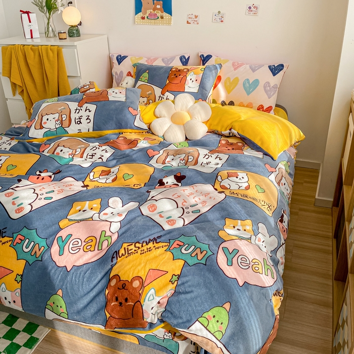 91家纺网 家纺一手货源 找家纺 西引力 2024新款加厚小清新牛奶绒四件套床单款床笠款单被套爆款 加油少年