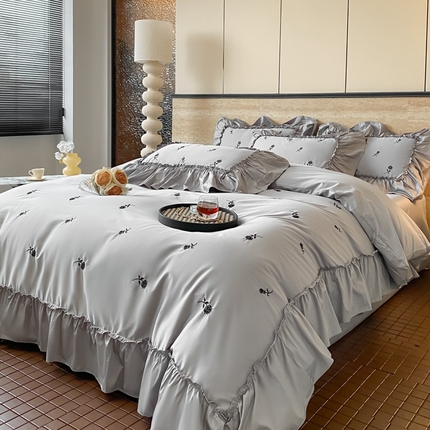 2025新款13376喷气纯棉全棉花边刺绣四件套-玫瑰 玫瑰-浅灰