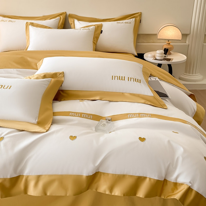 91家纺网 家纺一手货源 找家纺 爱妮菲 2024新款A类母婴级100支长绒棉四件套全棉纯棉轻奢拼接刺绣床单床笠款高端床上用品 琉璃黄