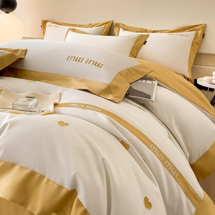 91家纺网 家纺一手货源 找家纺  A类母婴级100支长绒棉四件套全棉纯棉轻奢拼接刺绣床单床笠款高端床上用品 心动-琉璃黄