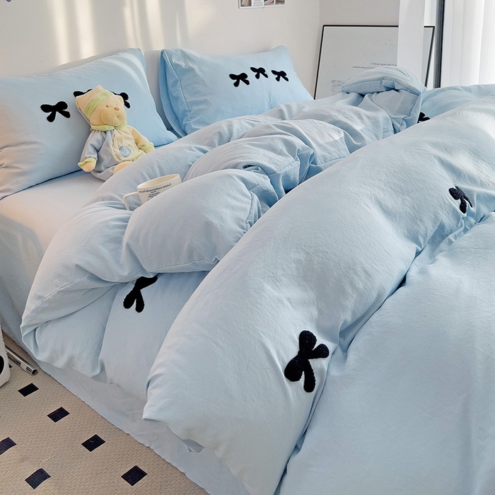 91家纺网 家纺一手货源 找家纺 森璐家纺 2024新款1水洗棉毛巾绣四件套蝴蝶结学生宿舍三件套（含买家秀） 蝴蝶结-蓝色