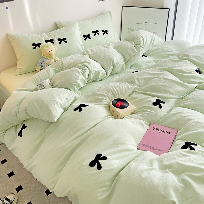 91家纺网 家纺一手货源 找家纺 森璐家纺 2024新款1水洗棉毛巾绣四件套蝴蝶结学生宿舍三件套（含买家秀） 蝴蝶结-藻绿