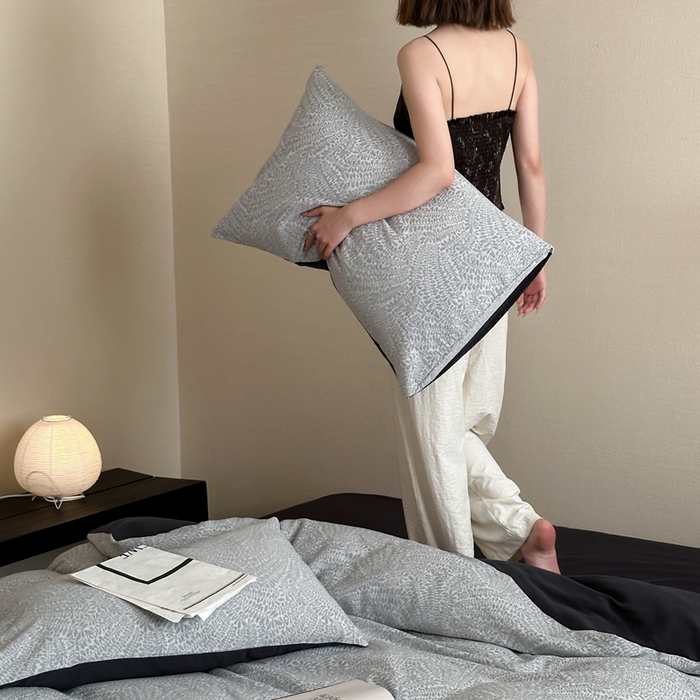 91家纺网 家纺一手货源 找家纺 梦享生活家居 2024新款全棉A类色织大提花四件套 提花叶语灰