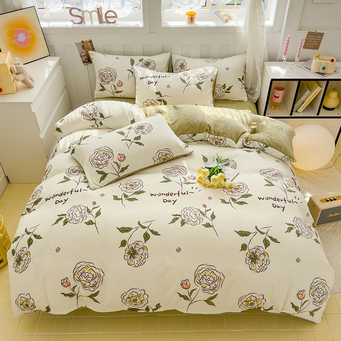 91家纺网 家纺一手货源 找家纺 枋梢家纺 2024新款加厚牛奶绒印花四件套 白色恋人