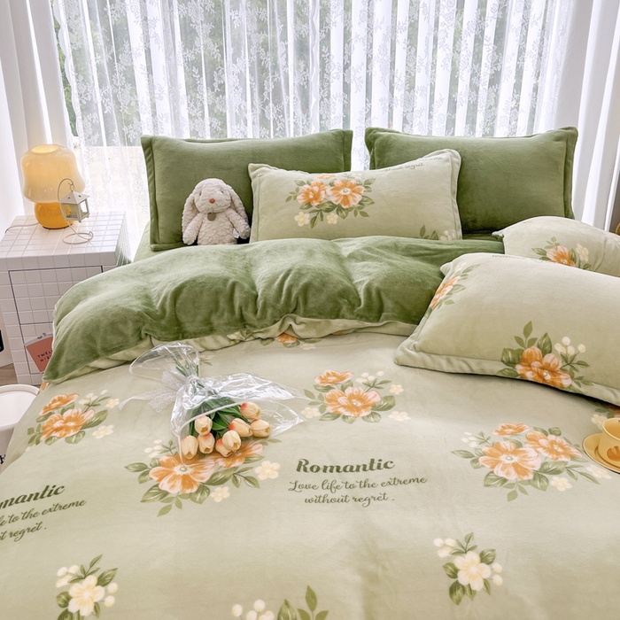 91家纺网 家纺一手货源 找家纺 青螺家纺 2024加厚高克重保暖爆款小清新牛奶绒印花双面绒单被套 清颜