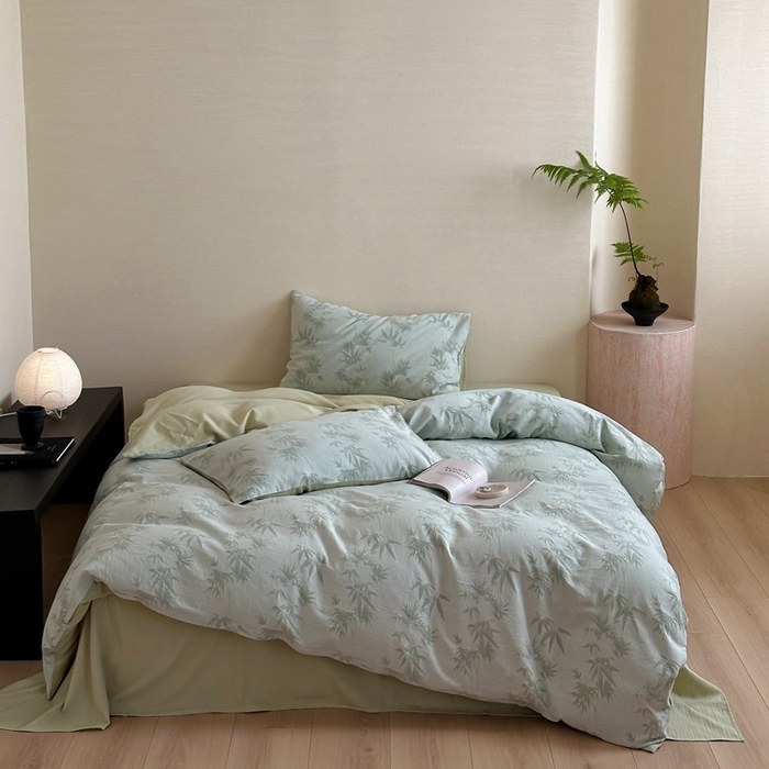 91家纺网 家纺一手货源 找家纺 梦享生活家居 2024新款全棉A类色织大提花四件套 提花竹韵绿