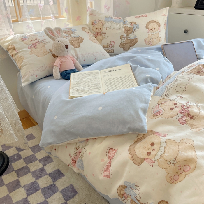 91家纺网 家纺一手货源 找家纺 六巷胡同 2024新款40支全棉纯棉INS洛丽塔卡通甜美少女心系列四件套 聚会萝莉熊