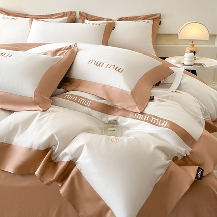  2024新款A类母婴级100支长绒棉四件套全棉纯棉轻奢拼接刺绣床单床笠款高端床上用品 可卡棕