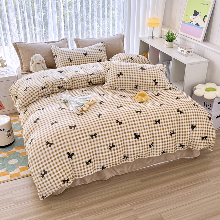 91家纺网 家纺一手货源 找家纺 青螺家纺 2024加厚高克重保暖爆款小清新牛奶绒印花双面绒单被套 蝴蝶结咖