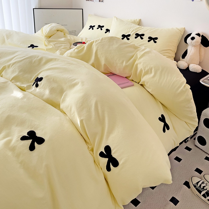 91家纺网 家纺一手货源 找家纺 森璐家纺 2024新款1水洗棉毛巾绣四件套蝴蝶结学生宿舍三件套（含买家秀） 蝴蝶结-黄黑