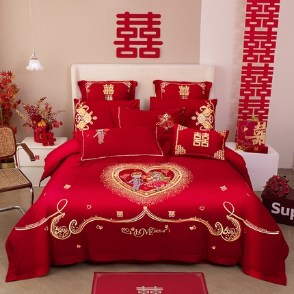 千禧家纺 2024新款双面长绒棉磨毛加厚保暖绣花婚庆套件 挚爱