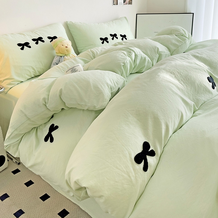 91家纺网 家纺一手货源 找家纺 森璐家纺 2024新款1水洗棉毛巾绣四件套蝴蝶结学生宿舍三件套（含买家秀） 蝴蝶结-藻绿