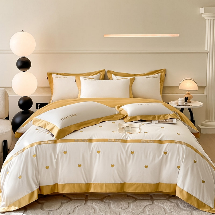 91家纺网 家纺一手货源 找家纺 爱妮菲 2024新款A类母婴级100支长绒棉四件套全棉纯棉轻奢拼接刺绣床单床笠款高端床上用品 琉璃黄