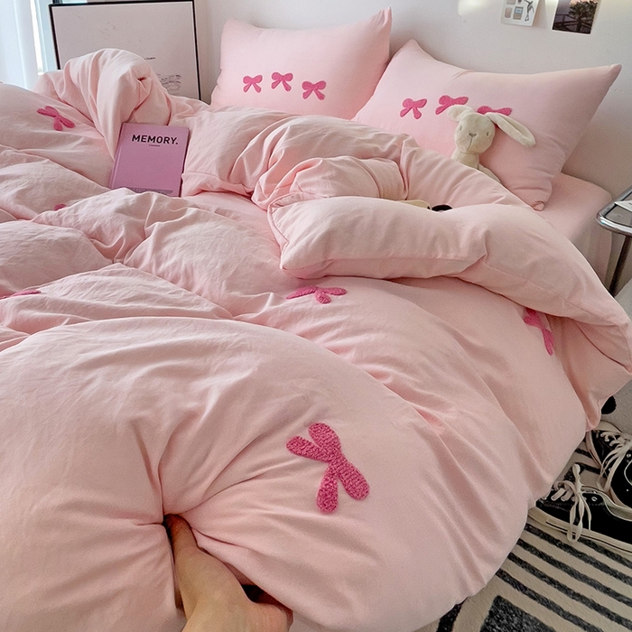 91家纺网 家纺一手货源 找家纺 森璐家纺 2024新款1水洗棉毛巾绣四件套蝴蝶结学生宿舍三件套（含买家秀） 蝴蝶结-粉玫