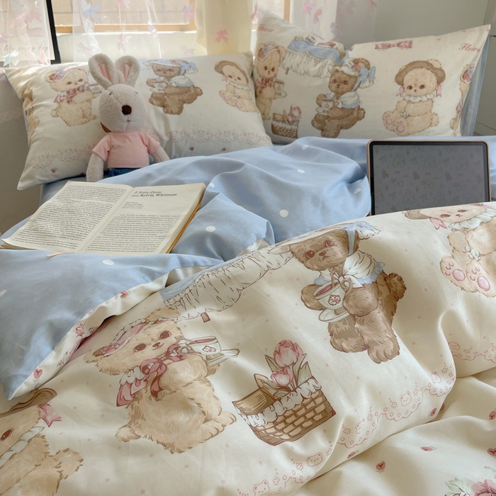 91家纺网 家纺一手货源 找家纺 六巷胡同 2024新款40支全棉纯棉INS洛丽塔卡通甜美少女心系列四件套 聚会萝莉熊