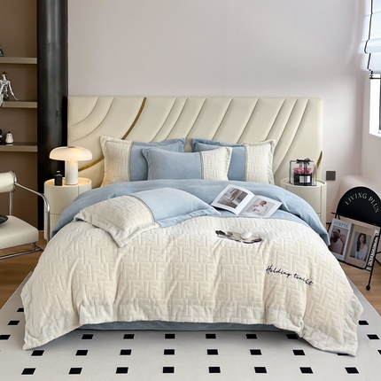 2024秋冬新款时尚宽边立体剪花刺绣加厚牛奶绒四件套-赫莲娜系列 赫莲娜蓝灰