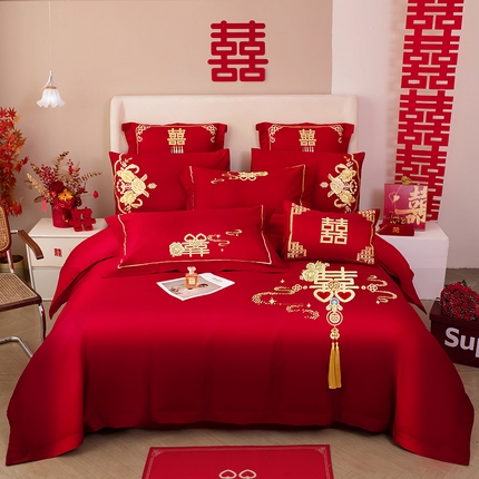 千禧家纺 2024新款双面长绒棉磨毛加厚保暖绣花婚庆套件 喜上眉梢