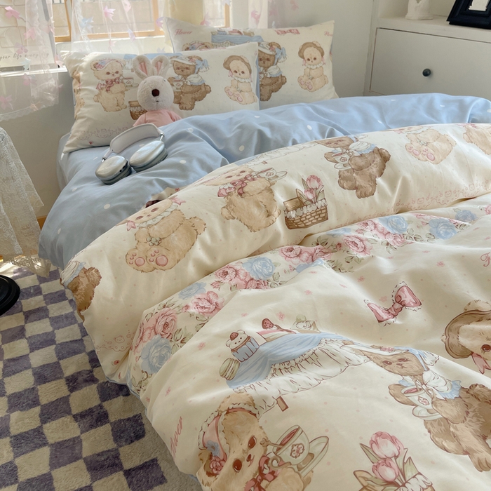 91家纺网 家纺一手货源 找家纺 六巷胡同 2024新款40支全棉纯棉INS洛丽塔卡通甜美少女心系列四件套 聚会萝莉熊