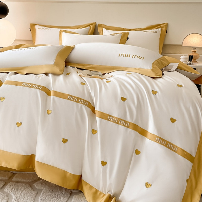 91家纺网 家纺一手货源 找家纺 爱妮菲 2024新款A类母婴级100支长绒棉四件套全棉纯棉轻奢拼接刺绣床单床笠款高端床上用品 琉璃黄