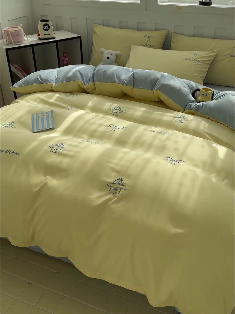 91家纺网 家纺一手货源 找家纺 曼谷 帽子狗刺绣四件套磨毛床上用品水洗棉三件套件 帽子狗-芝士蓝