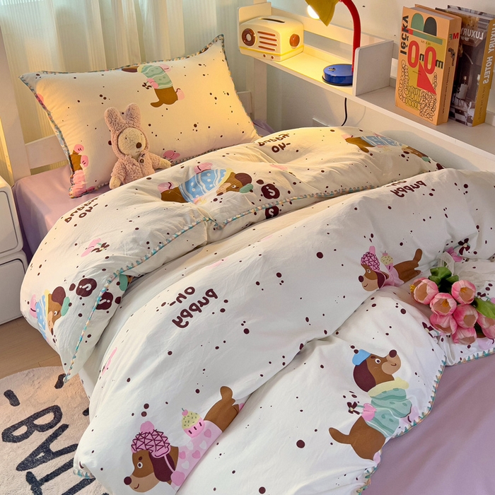 91家纺网 家纺一手货源 找家纺 贝扬思家纺 2024新款贝壳绣水洗双层纱系列-8月新品（学生三件套） 靠谱小狗