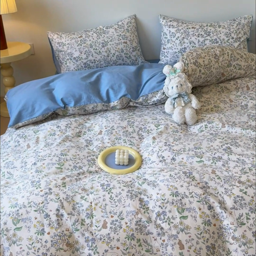 91家纺网 家纺一手货源 找家纺 感遇家纺 2024新款全棉印花四件套 花田兔