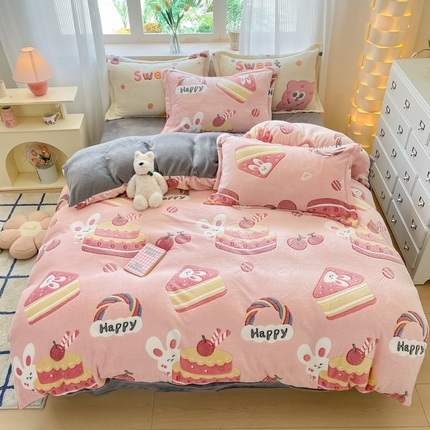 同田家纺 2024秋冬新品雪花绒牛奶绒印花四件套 蛋糕小兔