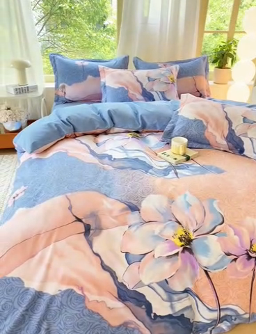 91家纺网 家纺一手货源 找家纺 2025新款植物羊绒大板磨毛活性印花四件套花舞悠然