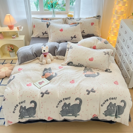 同田家纺 2024秋冬新品雪花绒牛奶绒印花四件套 朵喵喵