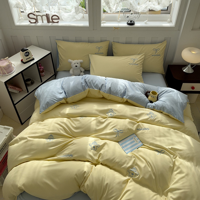 91家纺网 家纺一手货源 找家纺 曼谷 帽子狗刺绣四件套磨毛床上用品水洗棉三件套件 帽子狗-芝士蓝