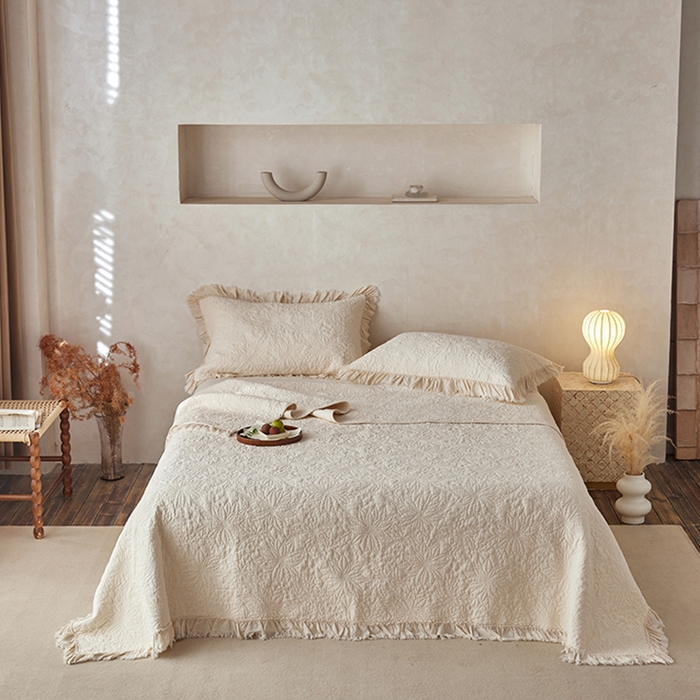 91家纺网 家纺一手货源 找家纺 安莱生活 2024新品百分百全棉密道绗缝成品酵素洗多功能床盖三件套 浅花