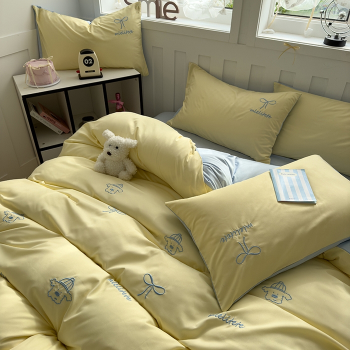 91家纺网 家纺一手货源 找家纺 曼谷 帽子狗刺绣四件套磨毛床上用品水洗棉三件套件 帽子狗-芝士蓝