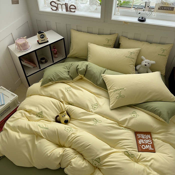 91家纺网 家纺一手货源 找家纺 曼谷 帽子狗刺绣四件套磨毛床上用品水洗棉三件套件 帽子狗-芝士绿