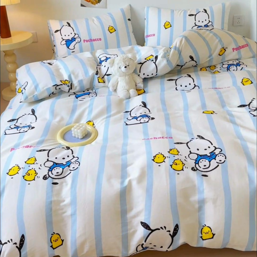 91家纺网 家纺一手货源 找家纺 感遇家纺 2024新款全棉印花四件套 蓝条帕恰狗