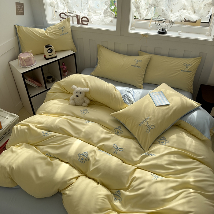 91家纺网 家纺一手货源 找家纺 曼谷 帽子狗刺绣四件套磨毛床上用品水洗棉三件套件 帽子狗-芝士蓝