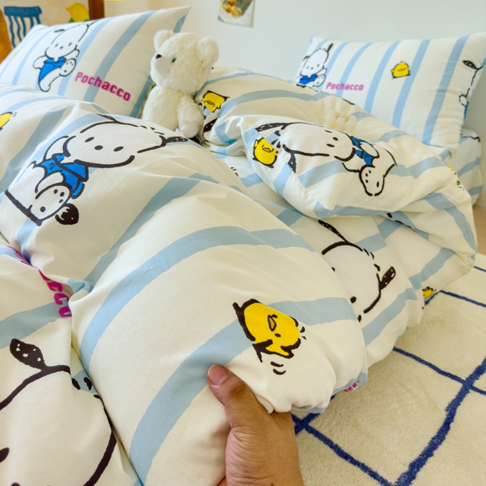 91家纺网 家纺一手货源 找家纺 感遇家纺 2024新款全棉印花四件套 蓝条帕恰狗