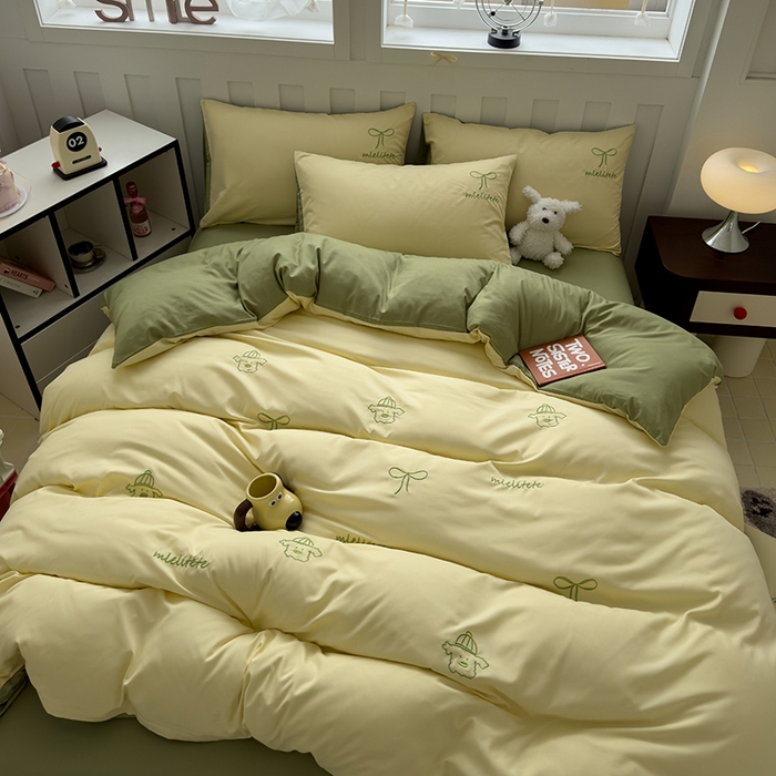 91家纺网 家纺一手货源 找家纺 曼谷 帽子狗刺绣四件套磨毛床上用品水洗棉三件套件 帽子狗-芝士绿