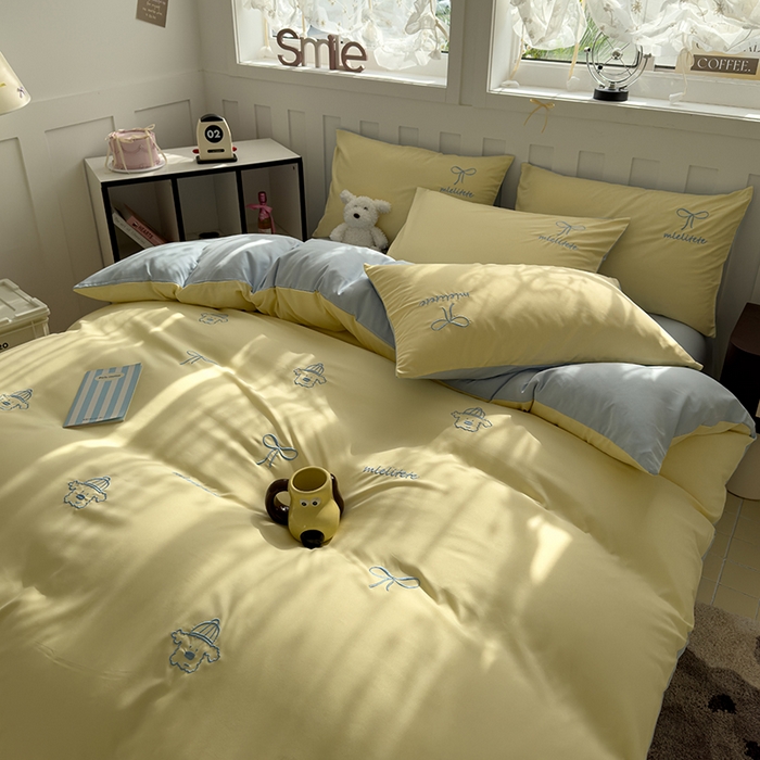 91家纺网 家纺一手货源 找家纺 曼谷 帽子狗刺绣四件套磨毛床上用品水洗棉三件套件 帽子狗-芝士蓝