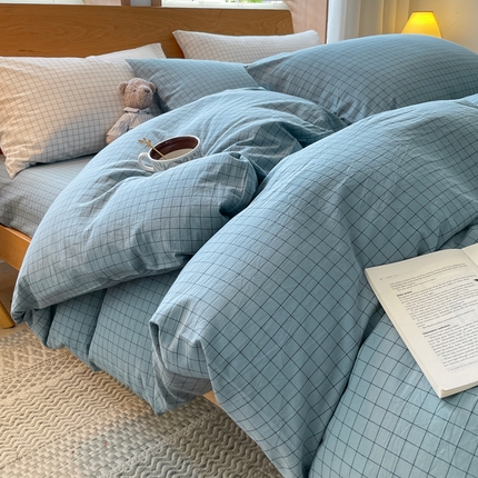 棉小二 2024新款直播爆款日系简约风全棉色织水洗棉四件套纯棉四件套全棉四件套 艾格-蓝