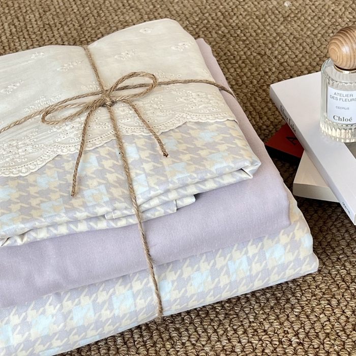 91家纺网 家纺一手货源 找家纺 2024新款全棉印花双层纱四件套--蕾丝花边款 千鸟格