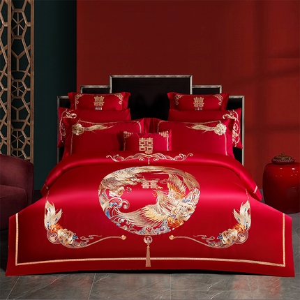 千禧家纺 2024新款双面长绒棉绣花婚庆多件套 龙凤团圆