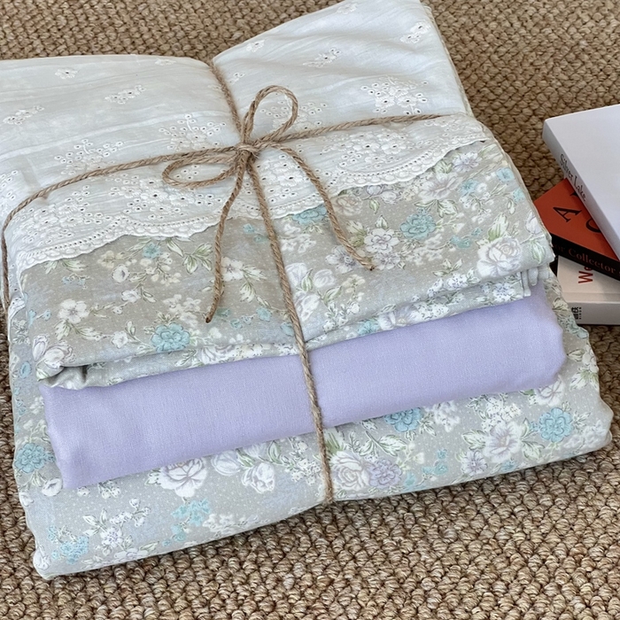 91家纺网 家纺一手货源 找家纺 2024新款全棉印花双层纱四件套--蕾丝花边款 安妮花园