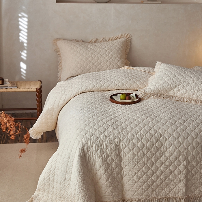 91家纺网 家纺一手货源 找家纺 安莱生活 2024新品百分百全棉密道绗缝成品酵素洗多功能床盖三件套 知晓