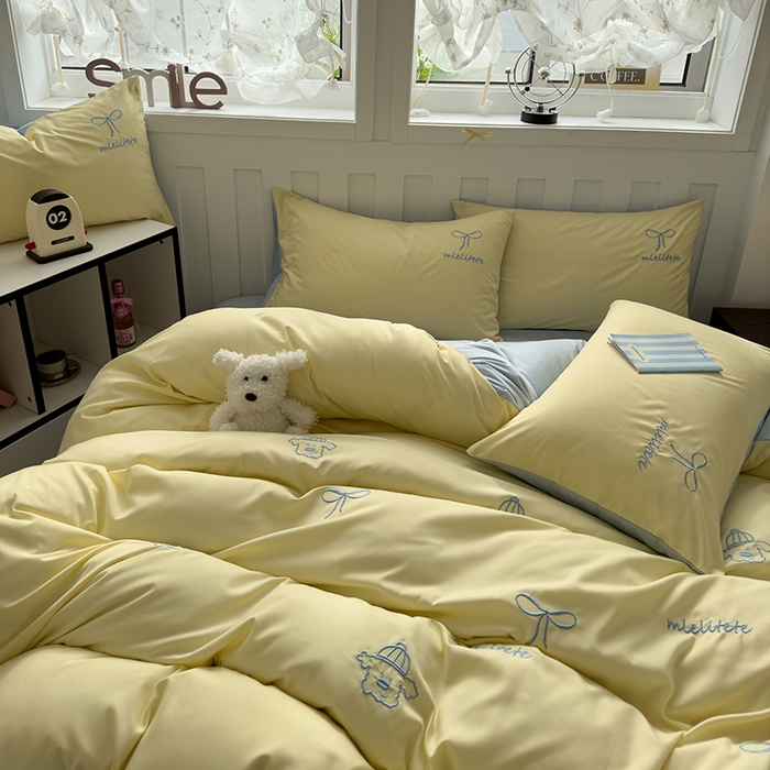 91家纺网 家纺一手货源 找家纺 曼谷 帽子狗刺绣四件套磨毛床上用品水洗棉三件套件 帽子狗-芝士蓝